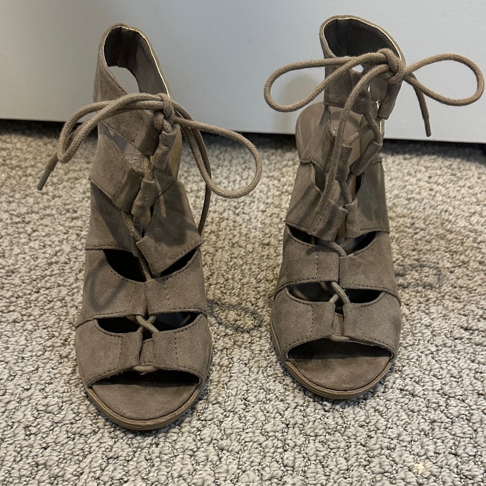 Tan Lace-Up Open Toe Heels